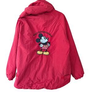 Vtg Walt Disney Mickey Unisex Fleece Lined Hooded Zip Jacket L Red Embroidered